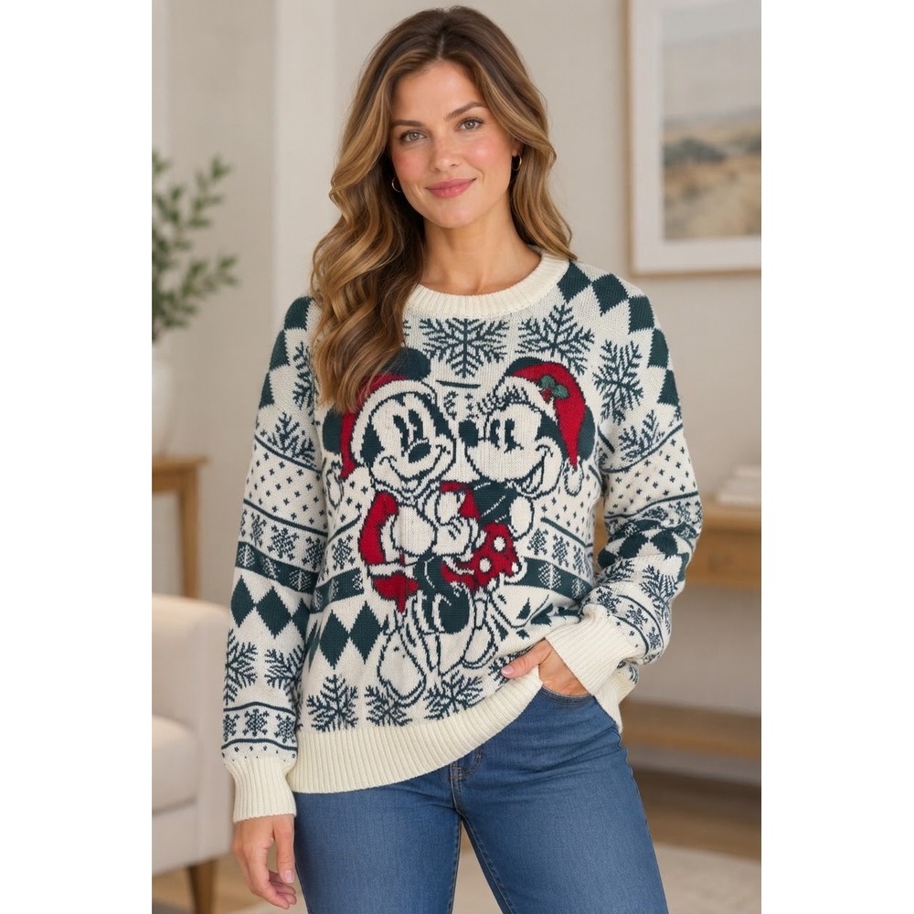 Disney Mickey Mouse Sweater Womens M Oversized Holiday Fair Isle Minnie Winter